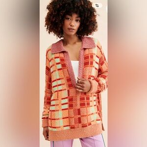 Free People Multicolor Plaid Cowl Neck Sweater